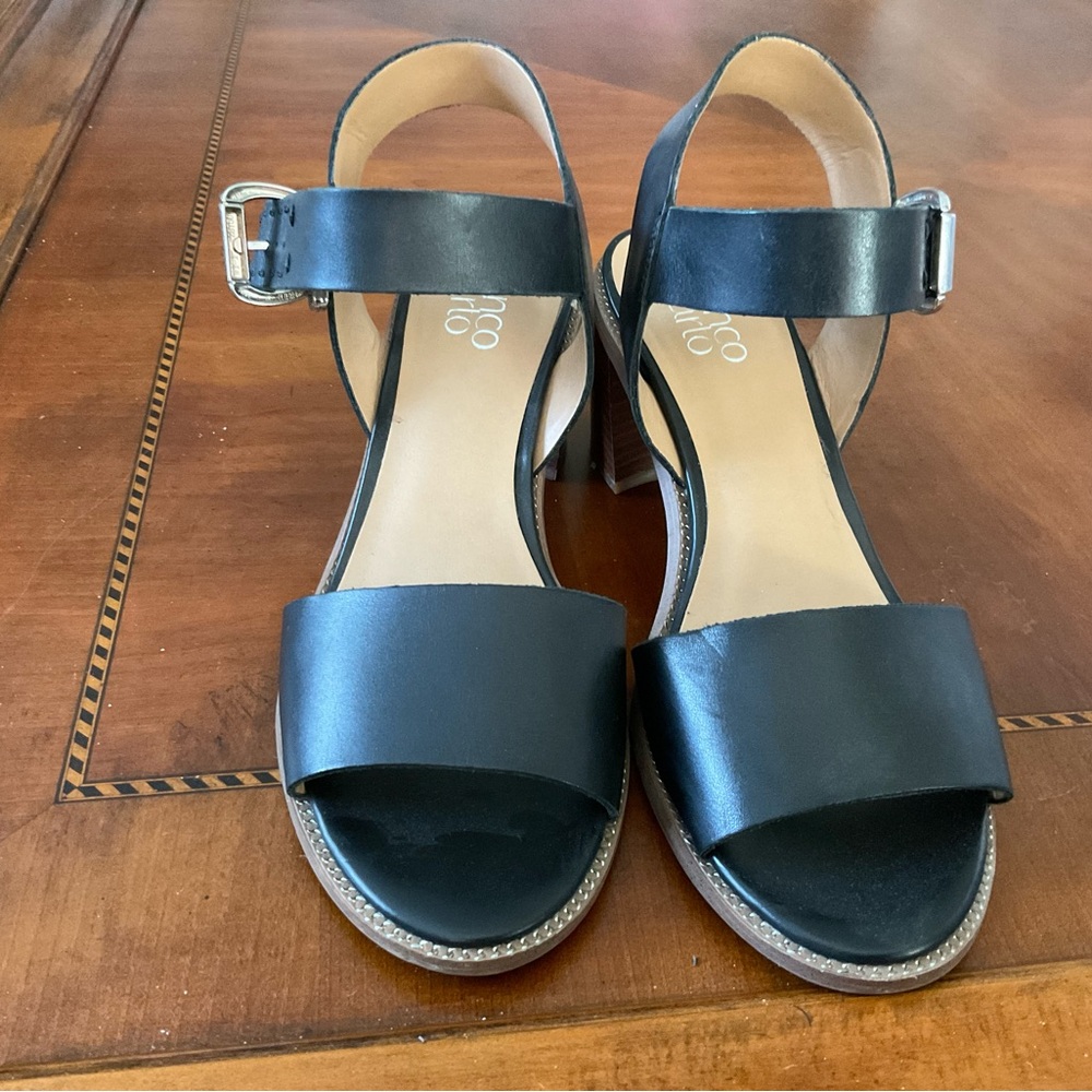 Franco Sarto Black Leather Ankle-Strap Block Heel Sandals